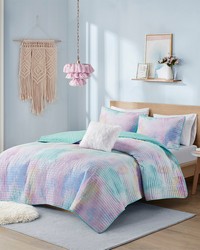 Cassiopeia Aqua Watercolor Tie Dye Printed Quilt Set with Throw Pillow Queen by   