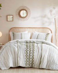 Imani Sage/Ivory Cotton Printed Duvet Cover Set with Chenille Queen by   