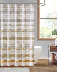 Cody Gray/Yellow Cotton Stripe Printed Shower Curtain with Tassel by   