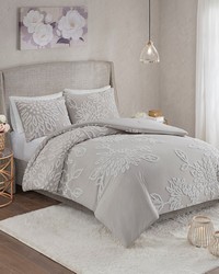 Veronica Warm Grey/White 3 Piece Tufted Cotton Chenille Floral Comforter Set King by   