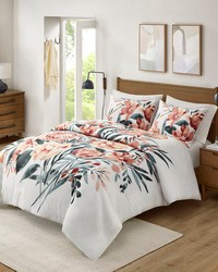 Dahlia Peach/Off-White 3 Piece Floral Cotton Duvet Cover Set King by   