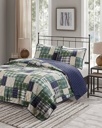 Timber Green / Navy 3 Piece Reversible Printed Quilt Set Queen by   