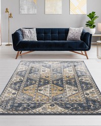 Dakota Blue Cream Tiled Border Area Rug by   