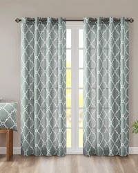 Saratoga Seafoam/White Fretwork Print Grommet Top Window Curtain Panel by   