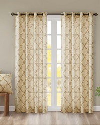 Saratoga Beige/Gold Fretwork Print Grommet Top Window Curtain Panel by   