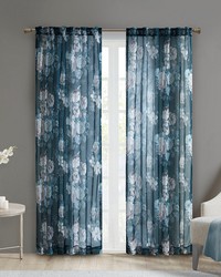 Simone Navy Printed Floral Rod Pocket and Back Tab Voile Sheer Curtain by   