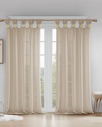Rosette Linen Floral Embellished Cuff Tab Top Solid Curtain Panel by   