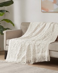 Chloe Ivory 100% Cotton Tufted Chenille Lightweight Throw With Fringe Tassel 50