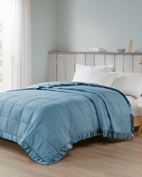 Cambria Slate Blue Oversized Down Alternative Blanket with Satin Trim by   