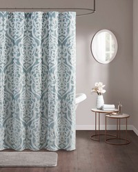 Odette Aqua/Silver Jacquard Shower Curtain by   