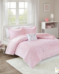 Rosalie Pink/Silver Metallic Printed Plush Comforter Set with Throw Pillow Twin by   