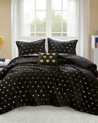 Rosalie Black/Gold Metallic Printed Plush Comforter Set with Throw Pillow Twin by   