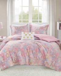 Rosalie Pink Multi/Gold Metallic Printed Plush Comforter Set with Throw Pillow Twin by   