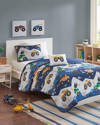 Nash Blue Monster Truck Reversible Quilt Set with Throw Pillow Queen by   