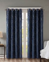Mirage Navy Knitted Jacquard Damask Total Blackout Grommet Top Curtain Panel by   