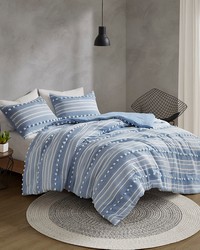 Rowan Blue Striped Clipped Jacquard Duvet Cover Set King by   