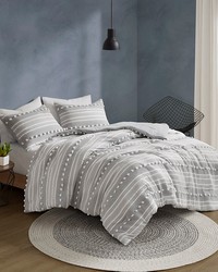 Rowan Grey Striped Clipped Jacquard Duvet Cover Set King by   