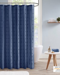 Brooklyn Indigo Blue Cotton Jacquard Pom Pom Shower Curtain by   