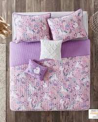Lola Pink Unicorn Reversible Cotton  Quilt Set with Throw Pillows Twin by   