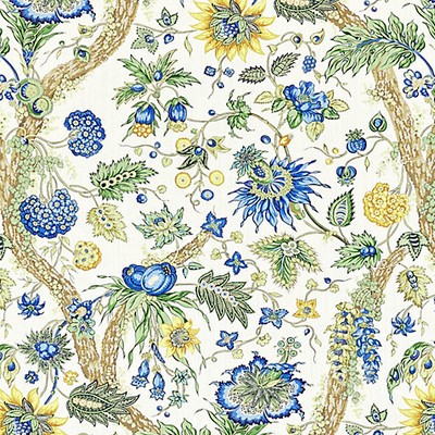 Scalamandre Fleurs Tropicales Blue And Gold THE METROPOLITAN MUSEUM OF ART SC 000216647 Multi Upholstery LINEN LINEN Jacobean Floral  Floral Linen  Fabric