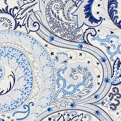 Scalamandre Malabar Paisley Embroidery Porcelain BOTANICA SC 000227124 Blue Multipurpose COTTON;40%  Blend Crewel and Embroidered  Classic Paisley  Fabric