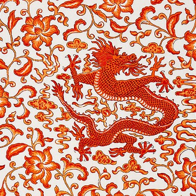 Scalamandre Chien Dragon Linen Print Persimmon FALL 2015 SC 000316558 Orange Multipurpose LINEN;48%  Blend Scrolling Vines  Toile Linen  Oriental  Fabric