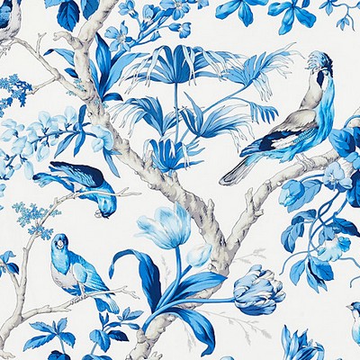 Scalamandre Belize Porcelain BOTANICA SC 000316600 Blue Upholstery COTTON COTTON Birds and Feather  Vine and Flower  Fabric