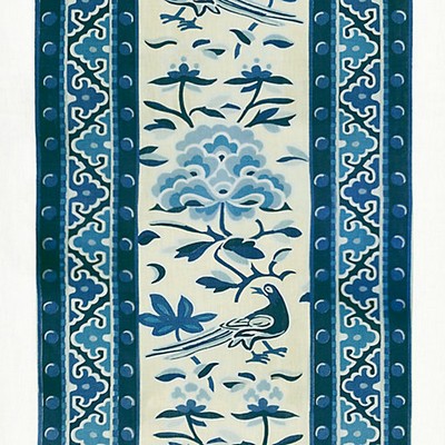 Scalamandre Royal Peony Linen Print Porcelain CHINOIS CHIC SC 000316613 Blue LINEN LINEN Birds and Feather  Floral Linen  Oriental  Fabric