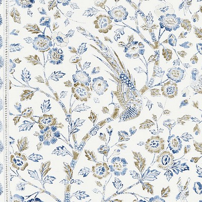 Scalamandre Anissa Print Lakeside PACIFICA SC 000316625 Blue Upholstery COTTON  Blend Birds and Feather  Jacobean Floral  Fabric