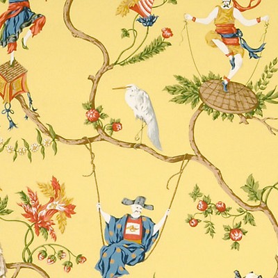 Scalamandre Wallcoverings Ming Circus Multi On Pollen SC 0003WP81605 Yellow 100% PAPER Animals Bird and Butterfly Wallpapers Asian and Oriental Chinoiserie 