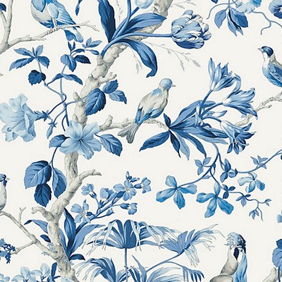 Scalamandre Wallcoverings Belize Porcelain SC 0003WP88381 Blue 100% NON-WOVEN SUBSTRATE Animals Bird and Butterfly Wallpapers Tropical Floral Wallpaper Tropical Wallpaper 