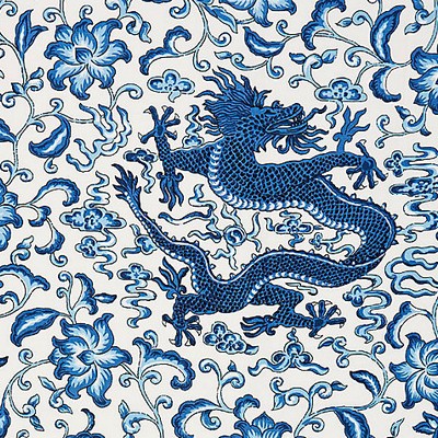 Scalamandre Chien Dragon Linen Print Indigo FALL 2015 SC 000416558 Blue Multipurpose LINEN;48%  Blend Scrolling Vines  Toile Linen  Oriental  Fabric