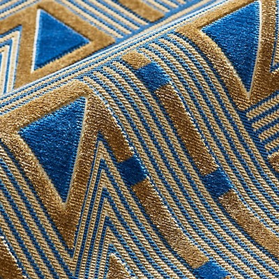Scalamandre Kasai Velvet Blue And Gold THE METROPOLITAN MUSEUM OF ART SC 000427323 Gold Upholstery COTTON  Blend Geometric  Cut Velvet  Fabric