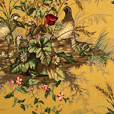Scalamandre Edwins Covey Multi On Mustard SC 000516310 Multi Multipurpose LINEN;30%  Blend Birds and Feather  Traditional Floral  Printed Linen  Fabric