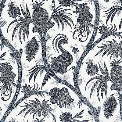 Scalamandre Balinese Peacock Indigo FALL 2015 SC 000516575 Blue Multipurpose LINEN;33%  Blend Birds and Feather  Oriental  Oriental Toile  Fabric
