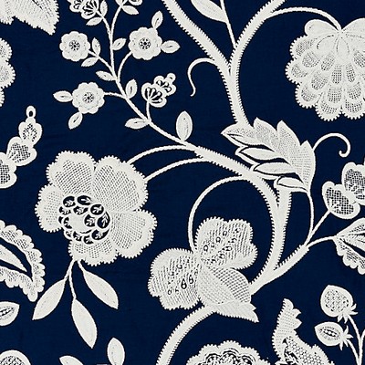 Scalamandre Kensington Embroidery Navy BOTANICA SC 000527151 Blue Multipurpose POLYESTER;30%  Blend Crewel and Embroidered  Vine and Flower  Jacobean Floral  Fabric