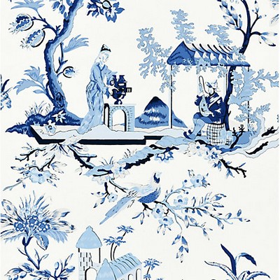 Scalamandre Wallcoverings Chin Ling Porcelain SC 0012WP81212 Blue 100% PAPER Asian and Oriental Chinoiserie Toile 