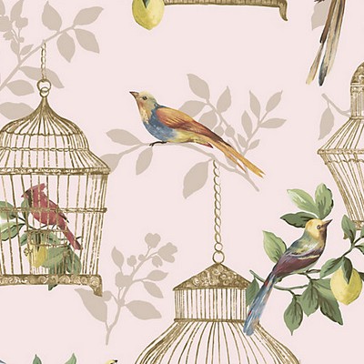 Scalamandre Wallcoverings Audubon Songbirds On Rose Daisy Bennett Anthology Resource SC 1901AUDU Pink  Animals Bird and Butterfly Wallpapers Leaves Trees and Vines Wallpaper Novelty Prints 