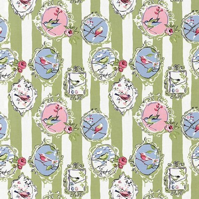 Kasmir Watch The Birdie Kiwi in 5065 Green Upholstery Cotton  Blend Fire Rated Fabric Birds and Feather   Fabric