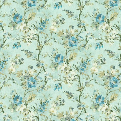 Kasmir Valhalla Aqua in 1453 Blue Cotton  Blend Fire Rated Fabric Heavy Duty CA 117  NFPA 260  Vine and Flower   Fabric