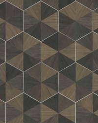 Hexagram Wood Veneer Wallpaper Brown Black by  Creative Fabrics 