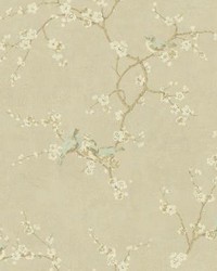 Birds W Blossoms Wallpaper Metallics by   