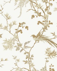 Bird And Blossom Chinoserie Wallpaper White Gold by   