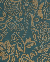 Uccello Sisal Gold On Peacock by  Schumacher Wallpaper 