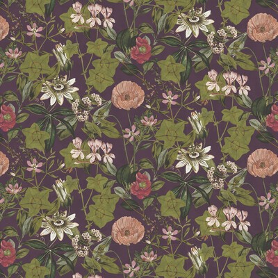 Clarke and Clarke Passiflora F1304/08 CAC Mulberry Velvet CLARKE & CLARKE EXOTICA 2 F1304/08.CAC Purple Multipurpose -  Blend Fire Rated Fabric Large Print Floral  Modern Floral Printed Velvet  Fabric