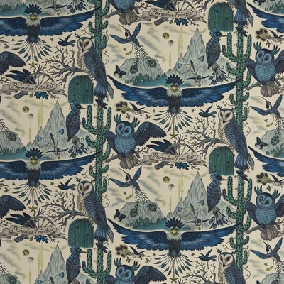 Clarke and Clarke Frontier Linen F1489/01 CAC Blue in WILDERIE BY EMMA J SHIPLEY FOR C&C Blue Multipurpose -  Blend Birds and Feather  Printed Linen  Novelty Western   Fabric