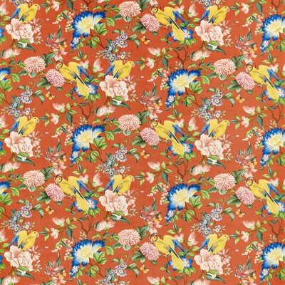 Clarke and Clarke Golden Parrot F1586/01 CAC Coral Velvet in CLARKE & CLARKE BOTANICAL WONDERS FABRIC Red Multipurpose -  Blend Fire Rated Fabric Birds and Feather  Modern Floral Printed Velvet   Fabric