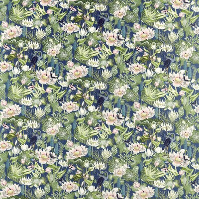 Clarke and Clarke Waterlily F1591/02 CAC Midnight Velvet in CLARKE & CLARKE BOTANICAL WONDERS FABRIC Multi Multipurpose -  Blend Fire Rated Fabric Birds and Feather  Oriental  Printed Velvet  Contemporary Velvet   Fabric