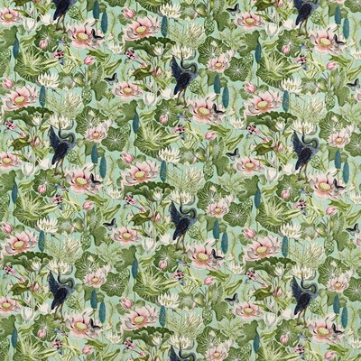 Clarke and Clarke Waterlily F1591/03 CAC Mineral Velvet in CLARKE & CLARKE BOTANICAL WONDERS FABRIC Blue Multipurpose -  Blend Fire Rated Fabric Birds and Feather  Oriental  Contemporary Velvet  Printed Velvet   Fabric