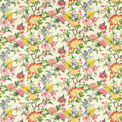 Clarke and Clarke Golden Parrot F1600/01 CAC Ivory in CLARKE & CLARKE BOTANICAL WONDERS FABRIC Multi Multipurpose -  Blend Fire Rated Fabric Birds and Feather  Large Print Floral  Floral Linen   Fabric